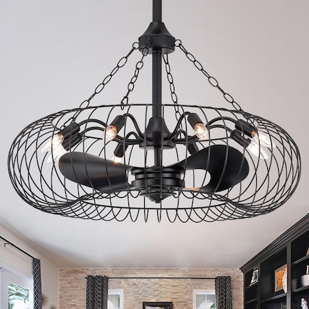 Warehouse Of Tiffany 31 in. Riane 3-Blade Fandelier with Metal Open Cage, Matte Black CFL-8473MB